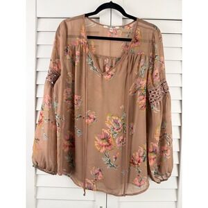 Daniel Rainn Floral Blouse Women L Brown Sheer Crochet Long Sleeve Boho